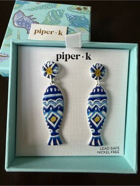 PIPER K Blue & Yellow Fish Earrings Beach Vacation Greece Italy NWT
